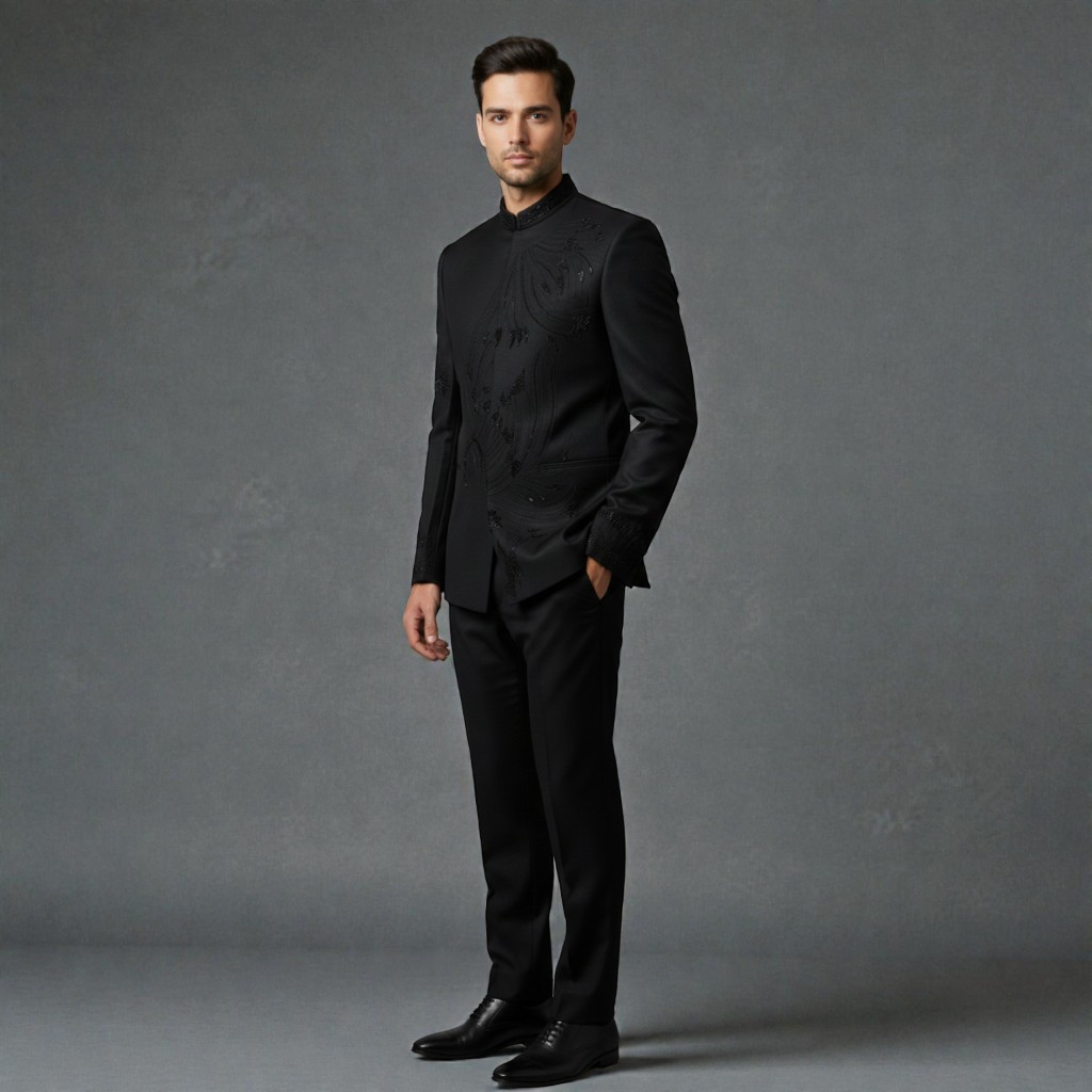 Men's Designer Black Embroidered Band Gala – Premium Hand-Worked Jodhpuri Set