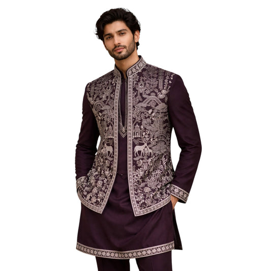 The Estate Heritage Folklore Kurta Koti Set — Dusty Mauve/Purple