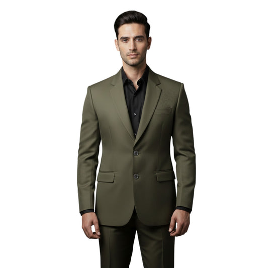 Men’s Elite Hand-Crafted Urban Minimalist Olive Green 2-Piece Formal Statement Suit.