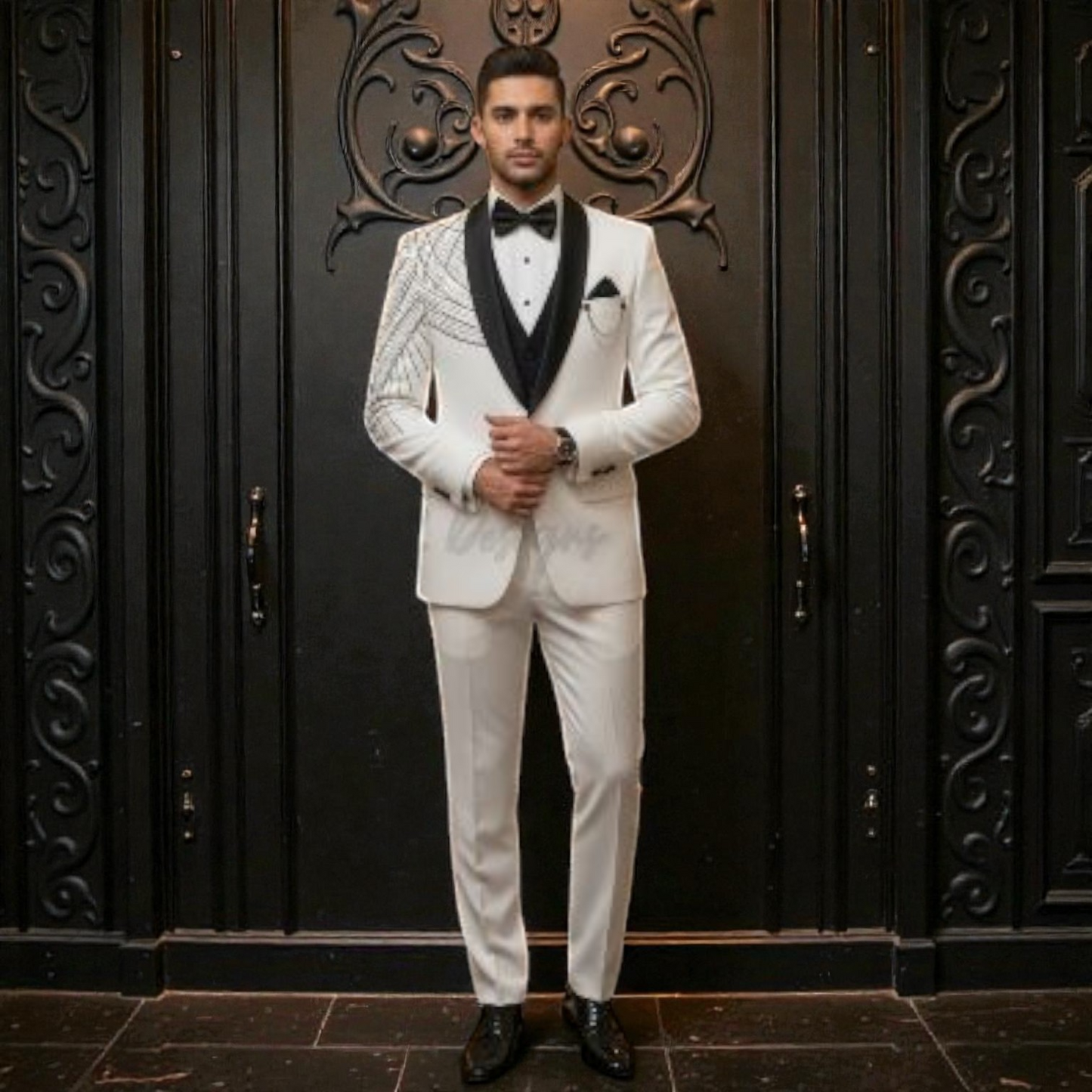 Men's Designer Ivory White 3-Piece Tuxedo with Hand-Embroidered Shoulder & Satin Shawl Lapel