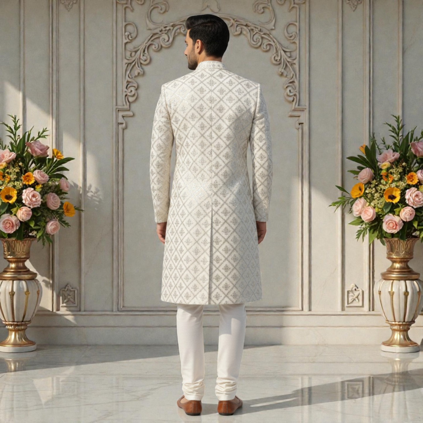 Men's Royal Beige Designer Sherwani – Premium Hand-Embroidered Wedding Ensemble