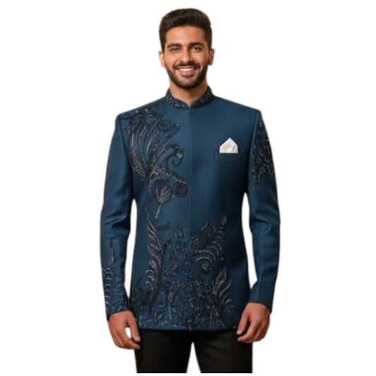 Bespoke Celestial Crest Bandhgala Suit with Hand-Embroidered Obsidian Glass-Bead Artistry