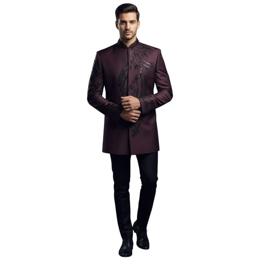 Bespoke Midnight Azure Bandhgala Suit with Hand-Applied Obsidian Wing Embroidery