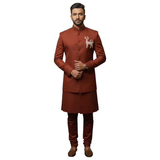 Bespoke Layered Rust Bandhgala Achkan with Hand-Embroidered Reindeer Motif