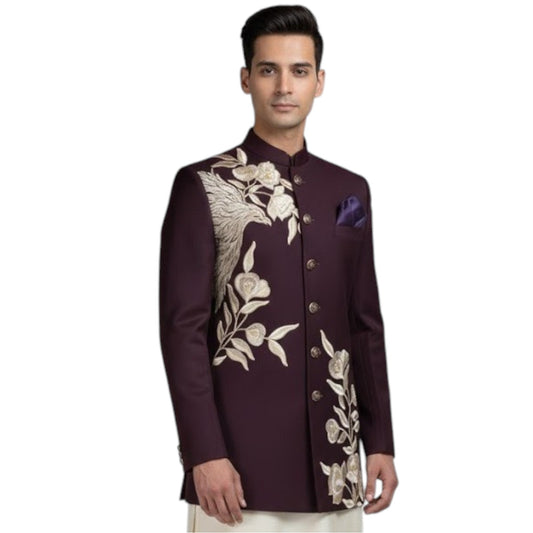 Bespoke Imperial Sovereign Bandhgala Suit with Hand-Embroidered Phoenix and Floral Vine Motif — Jet Black