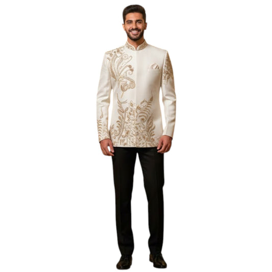 Bespoke Artisan-Crafted Heritage Bandhgala Suit with Ornate Golden Zardosi Embroidery