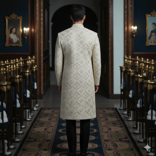 Men’s Elite Hand-Crafted Beige Radiant Diamond-Lattice Heritage Luxury Sherwani.