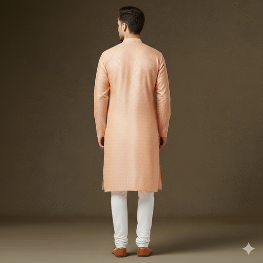 Men's Peach Shimmering Sequin Embroidered Silk Blend Kurta