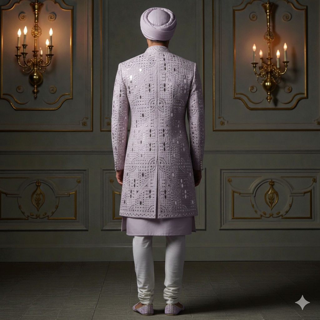 Men’s Elite Hand-Crafted Lavender Frost Mirror-Work Heritage Sherwani.