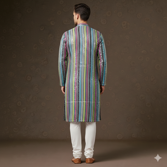 Men's Multi-Color Vertical Stripe Sequin Embroidered Designer Kurta
