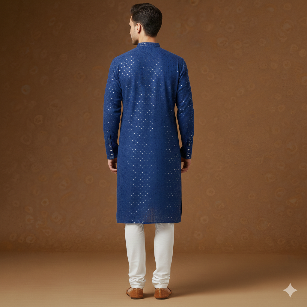 Men's Royal Blue Sequin Embellished Silk Blend Festive Kurta