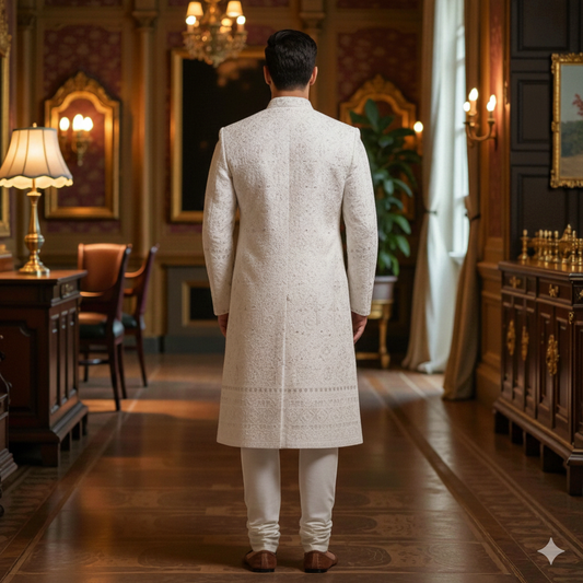Men’s Elite Hand-Crafted Ivory Majestic Procession Heritage Luxury Sherwani.