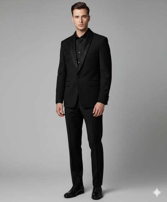 Men’s Obsidian Jet Black with Tonal Beaded Embroidery "Shadow Stitch" 2-Piece Slim-Fit Tuxedo