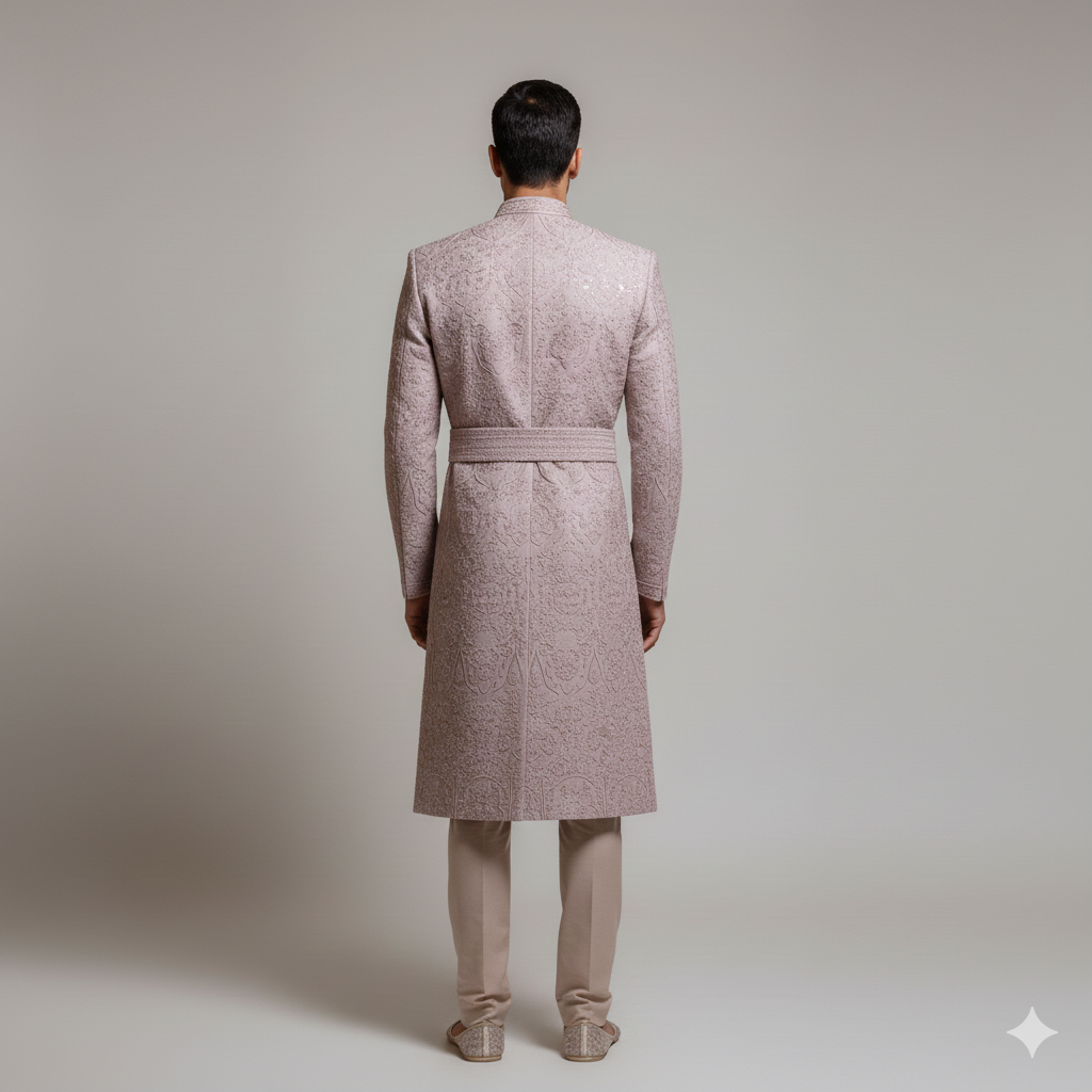 The Royal Blush: Intricately Hand-Embroidered Rose-Gold Indowestern Sherwani