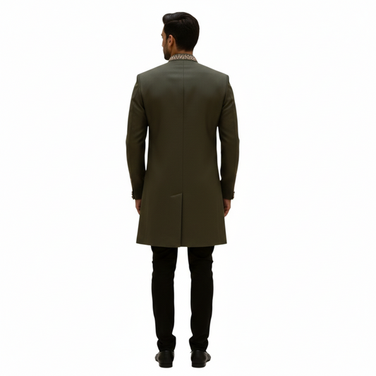 Olive Green Extended Bandhgala Achkan with Hand-Embroidered Pastel Flora