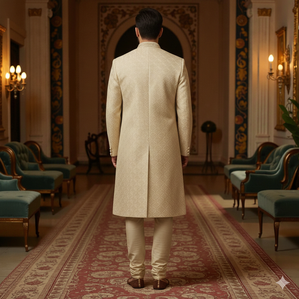 Men’s Elite Hand-Crafted Champagne Gold Geometric Heritage Luxury Wedding Sherwani.