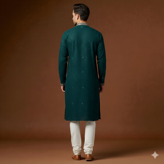 The Teal Majestic Heritage: Intricate Architectural Border & Sequin-Embellished Designer Kurta Ensemble