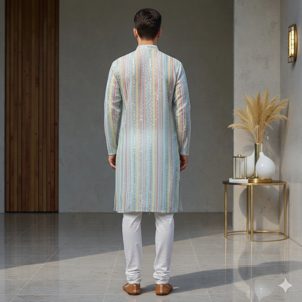 The Sky Blue Pastel Prism: Artisan Mirror-Work & Multi-Tone Vertical Stripe Designer Kurta Ensemble