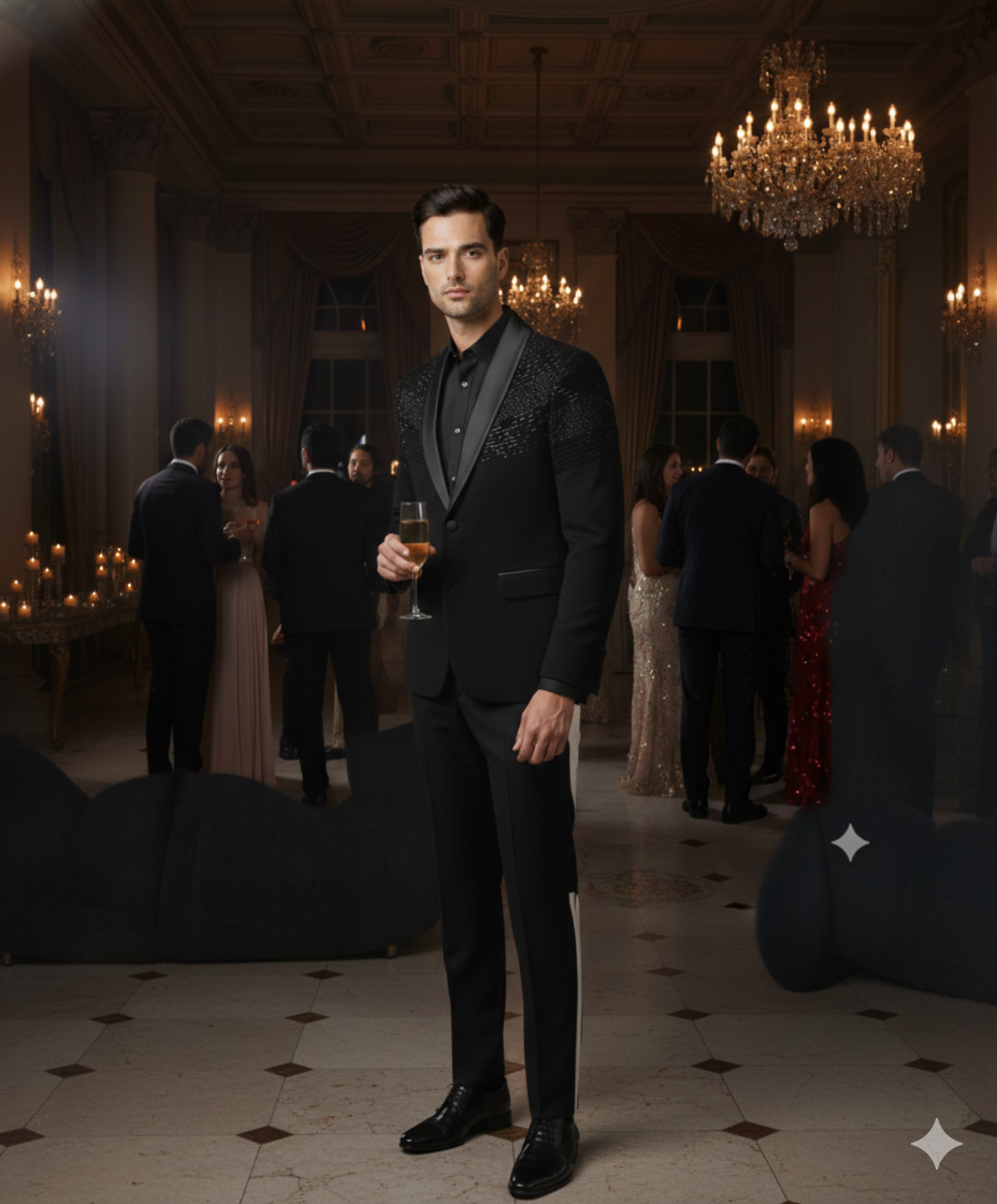 Men’s Midnight Black Azure Everglade 2-Piece Allover Embroidered Tuxedo