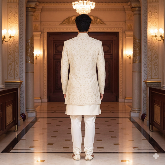 Men’s Elite Hand-Crafted Beige Royal Heritage Floral-Embroidered Luxury Wedding Sherwani.
