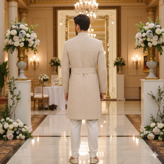 Men’s Elite Hand-Crafted Ivory Frost Heritage Floral-Embroidered Luxury Wedding Sherwani.