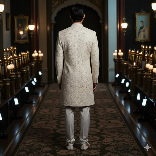 Men’s Elite Hand-Crafted Beige Majestic Procession Heritage Luxury Sherwani.