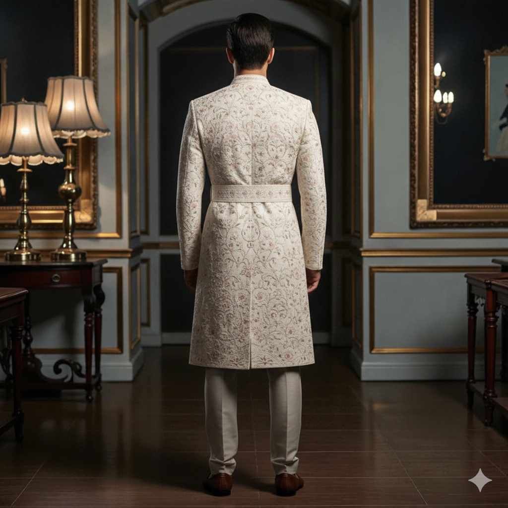 Men’s Elite Hand-Crafted Cream Beige Royal Architectural Belted Luxury Sherwani.