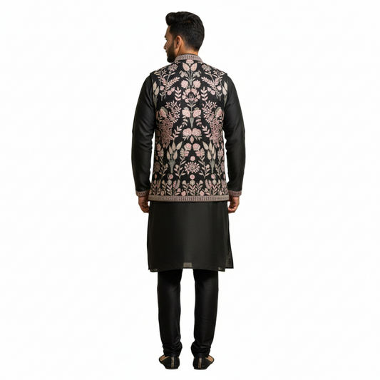 The Estate Midnight Botanical Indo-Western Koti Set — Jet Black
