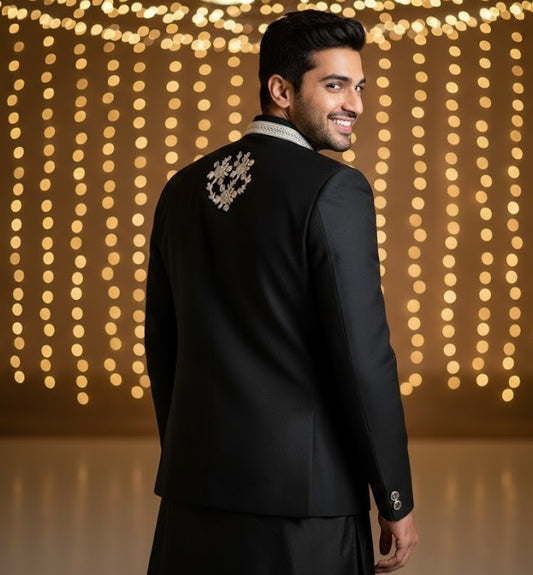 Men's Designer Black Kurta Koti Set – Hand-Embroidered Ethnic Wear