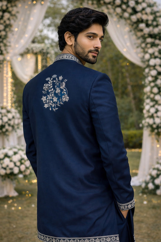 Men's Designer Navy Blue Kurta Koti Set – Hand-Embroidered Ethnic Wear