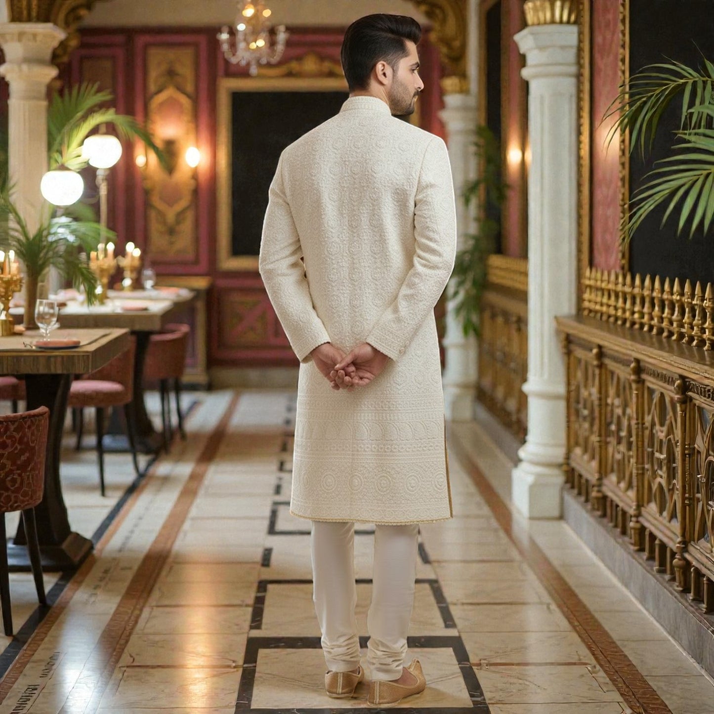 Men’s Elite Hand-Crafted Beige Royal Heritage Floral-Embroidered Luxury Wedding Sherwani.