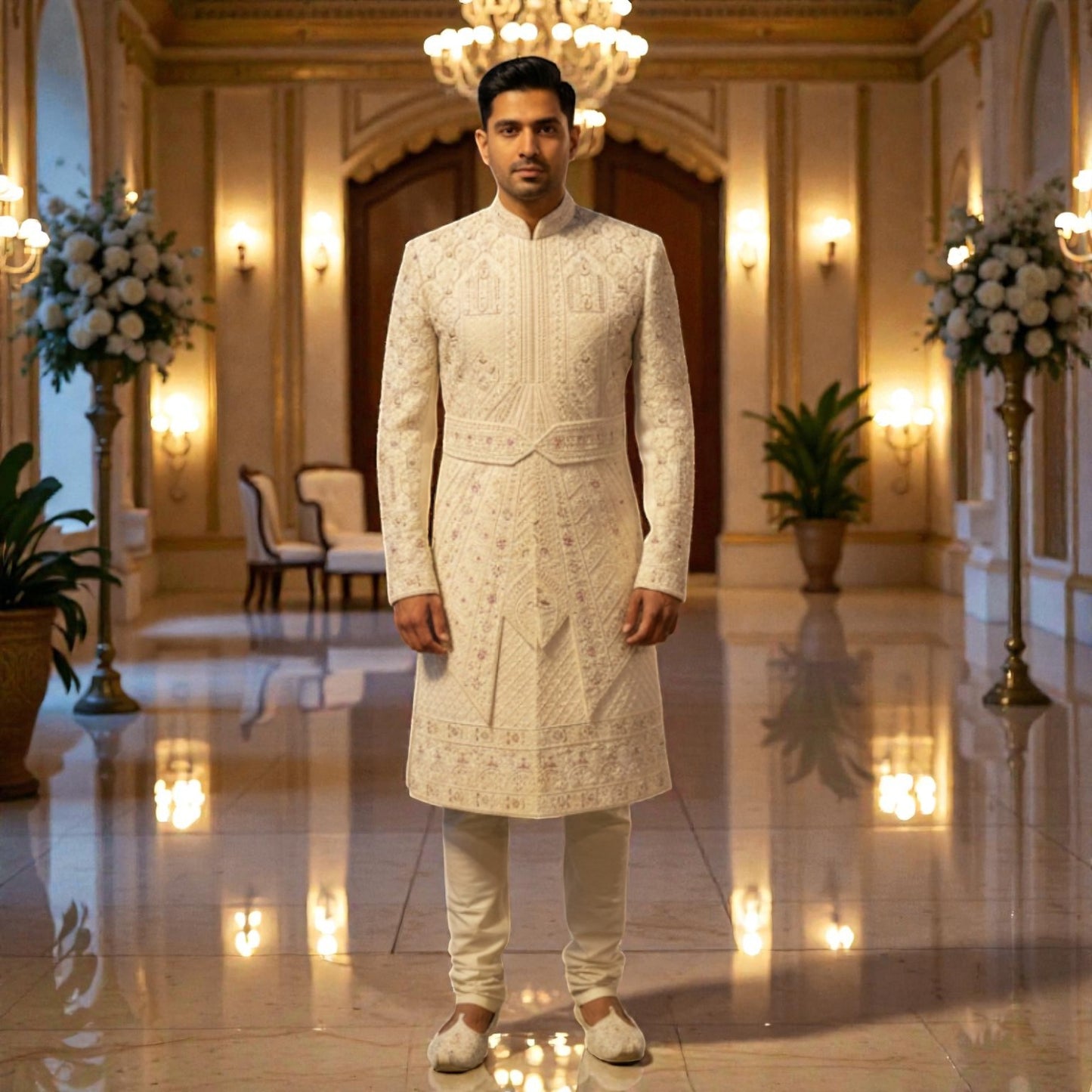 Men’s Elite Hand-Crafted Ivory Heritage Geometric-Embroidered Luxury Wedding Sherwani.