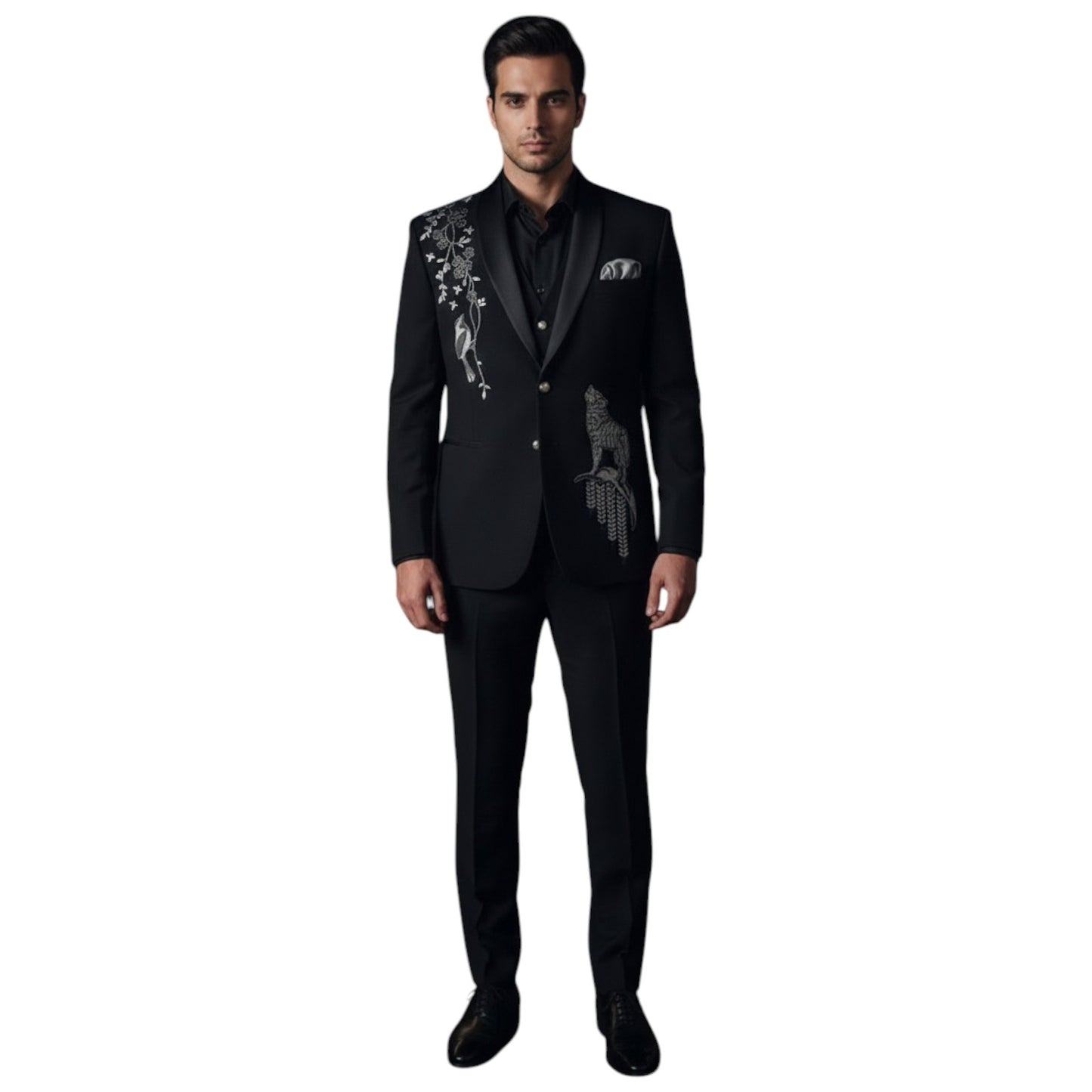 Men’s Nightfall Onyx "Wolf & Willow" Embroidered Three-Piece Tuxedo.
