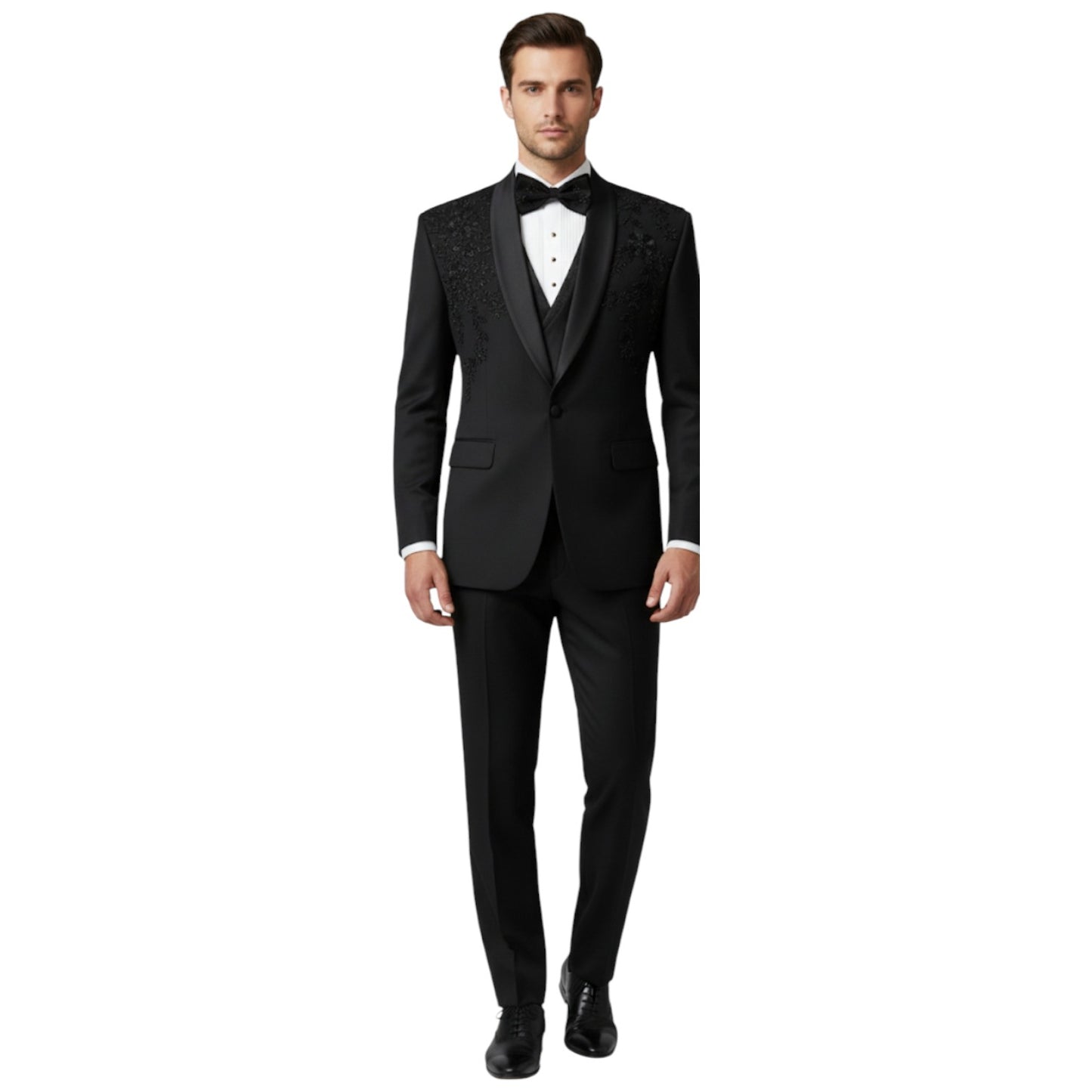 Men’s Obsidian Black Tone-on-Tone Embroidered Three-Piece Tuxedo.