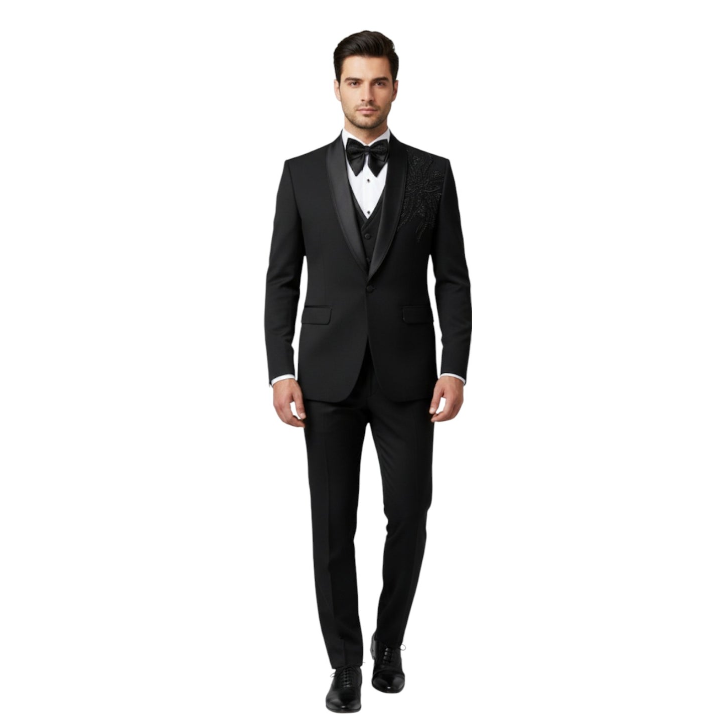 Men’s Jet Black with Matching Tonal Beaded Embroidery Three-Piece Tuxedo