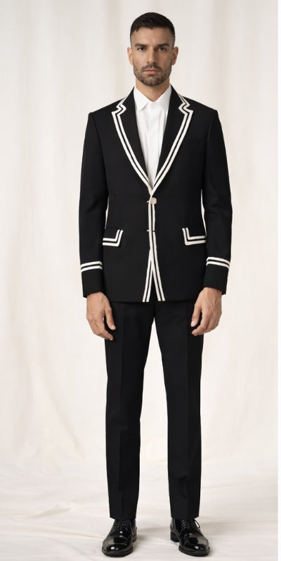 Men's Premium Black Piping Suit – Designer 2-Piece Set with Contrast Edging