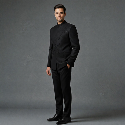 Men's Designer  Black Embroidered Band Gala – Premium Hand-Worked Jodhpuri Set