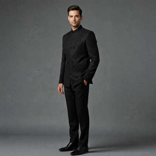 Men's Designer  Black Embroidered Band Gala – Premium Hand-Worked Jodhpuri Set