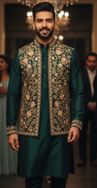 The Estate Midnight Sovereign Embroidered Koti Set — Rot=yal Green