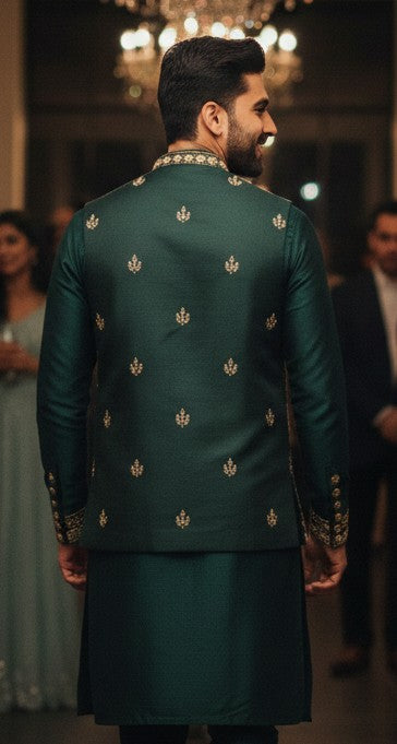 The Estate Midnight Sovereign Embroidered Koti Set — Rot=yal Green