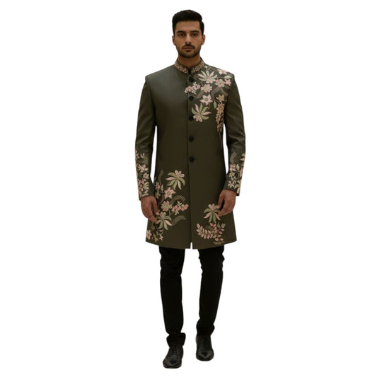 Olive Green Extended Bandhgala Achkan with Hand-Embroidered Pastel Flora
