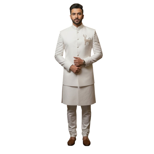 Signature Midnight Navy Bandhgala with Asymmetrical Floral Vine Artistry