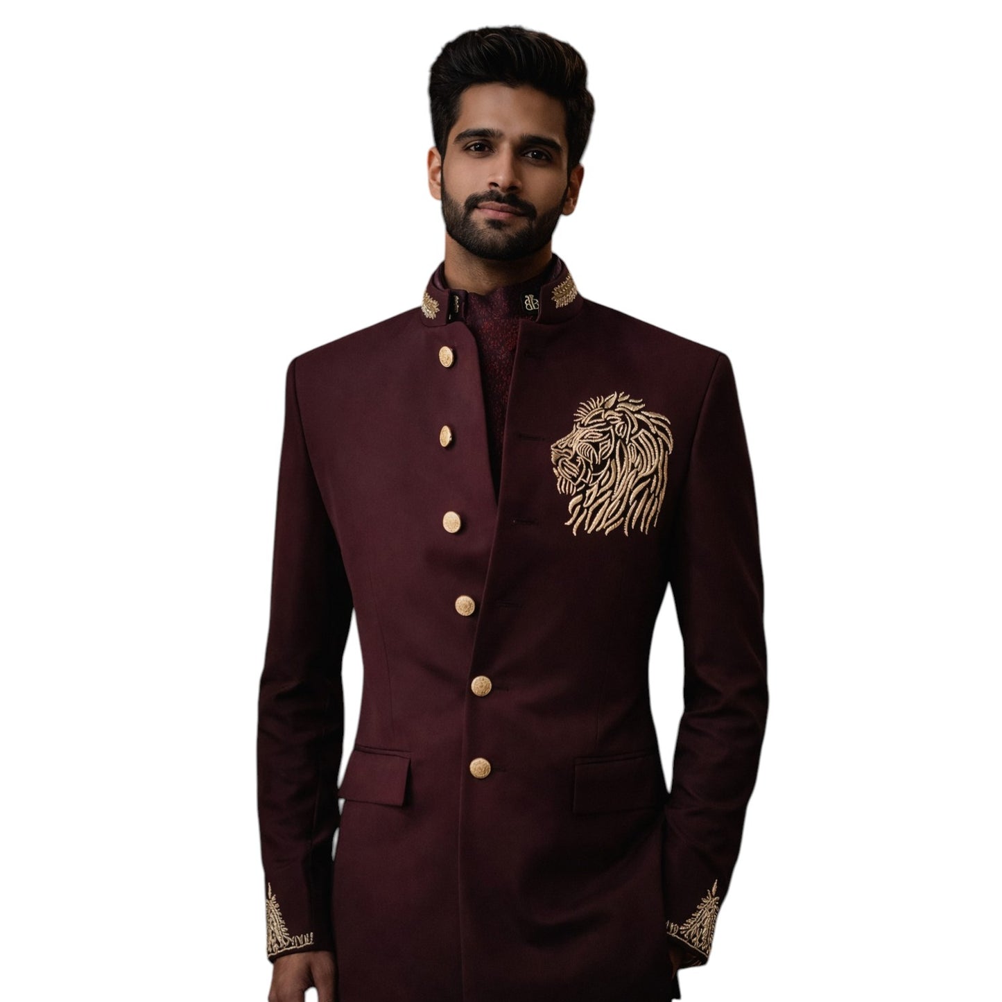 Burgundy Monarch Bandhgala with Emblazoned Golden Lion Crest — Wine