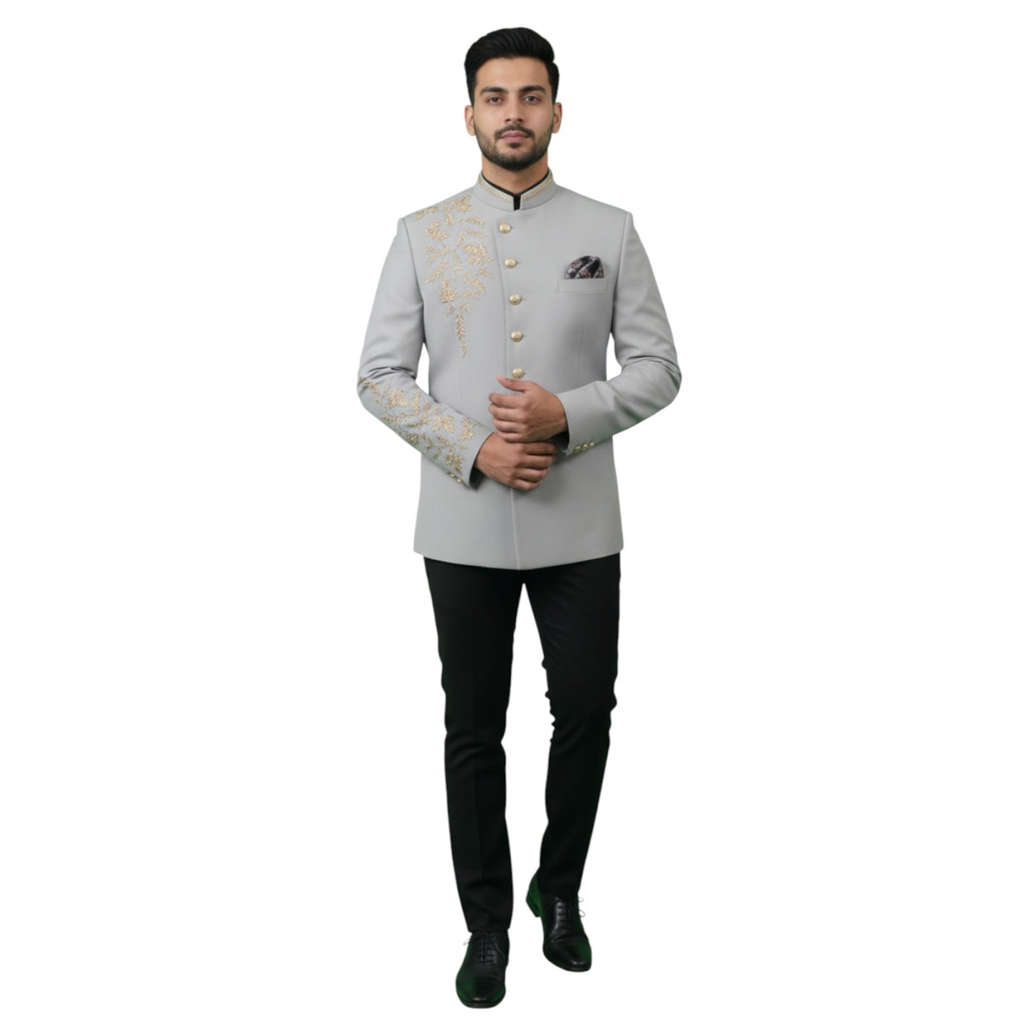 Bespoke Aristocrat Bandhgala Suit with Hand-Embroidered Golden Laurel Vines — Steel Grey