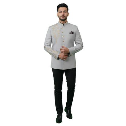 Bespoke Aristocrat Bandhgala Suit with Hand-Embroidered Golden Laurel Vines — Steel Grey