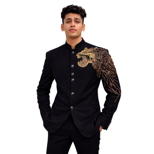 Signature Roaring Lion Bandhgala with Sculptural Gold Zardosi — Jet Black