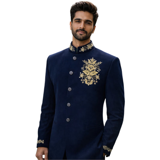 Imperial Jodhpuri Bandhgala with Hand-Embroidered Golden Floral Crest — Royal Navy Blue