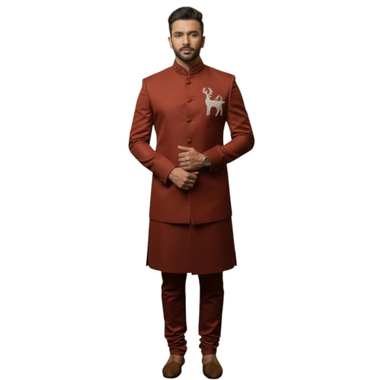 Signature Midnight Navy Bandhgala with Asymmetrical Floral Vine Artistry