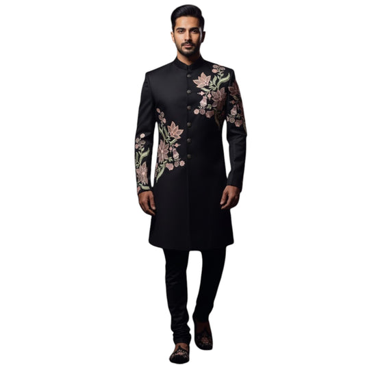 The Estate Midnight Botanist Indo-Western Bandhgala — Jet Black