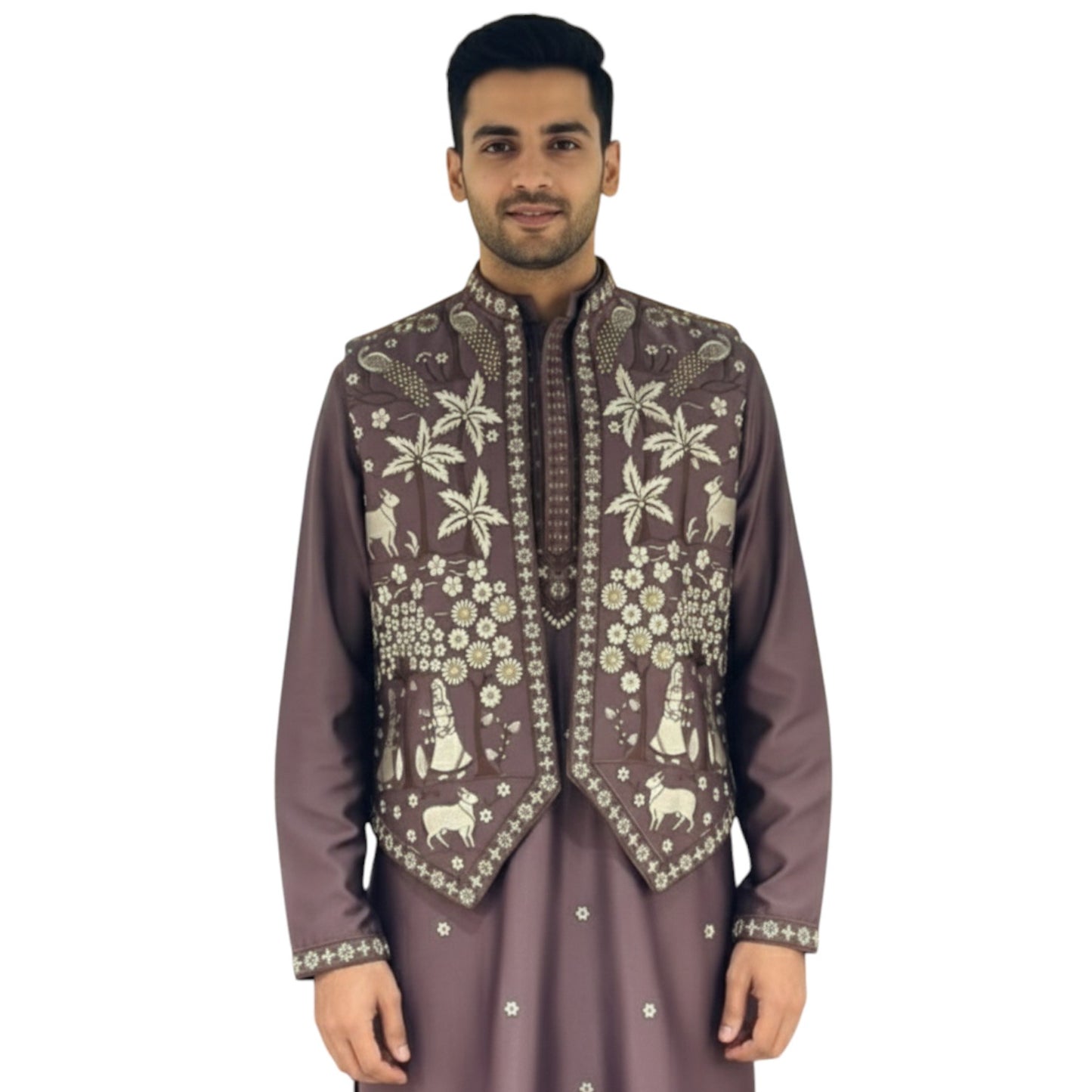 Men's Designer Mauve Bark  Kurta Koti Set – Hand-Embroidered  Ethnic Wear